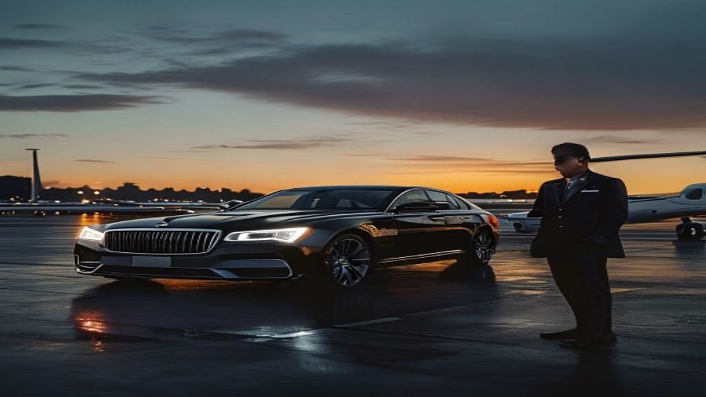 Executive chauffeur beside a black luxury sedan in Atlanta